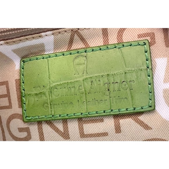 Vintage Etienne Aigner Canvas Leather Handbag Bamboo Handles Snap Closur… - Picture 10 of 12